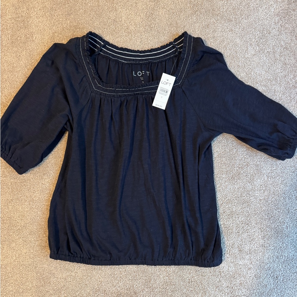 LOFT Dark Blue Top with White Stitching
